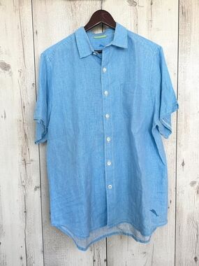 Tommy Bahama Shirt Mens Large Blue 100% Linen Short Sleeve Button Down Beach